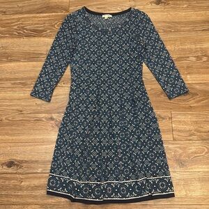 Max Studio Printed 3/4 Sleeve Dress Teal Navy White Pleated Bottom